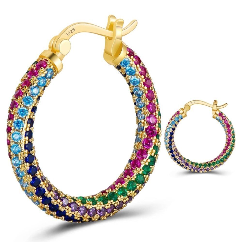 14K Yellow Gold Sterling Silver with Multicolored Cubic Zirconia Hoop Earrings